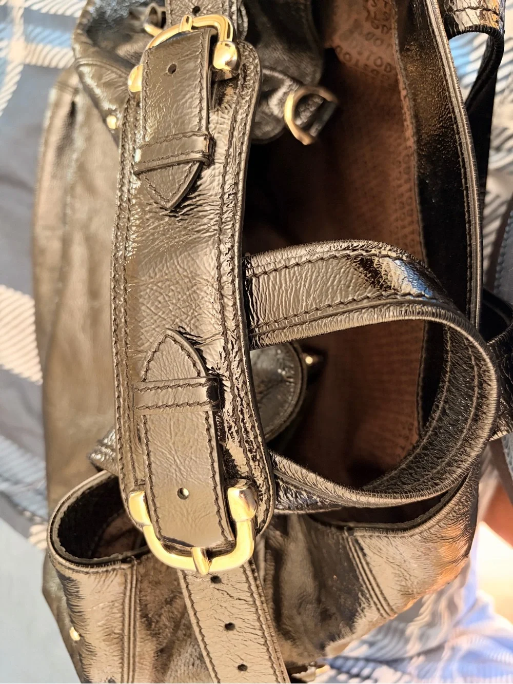 Tod's Black Patent Leather Front Buckle Pocket Silver Hardware